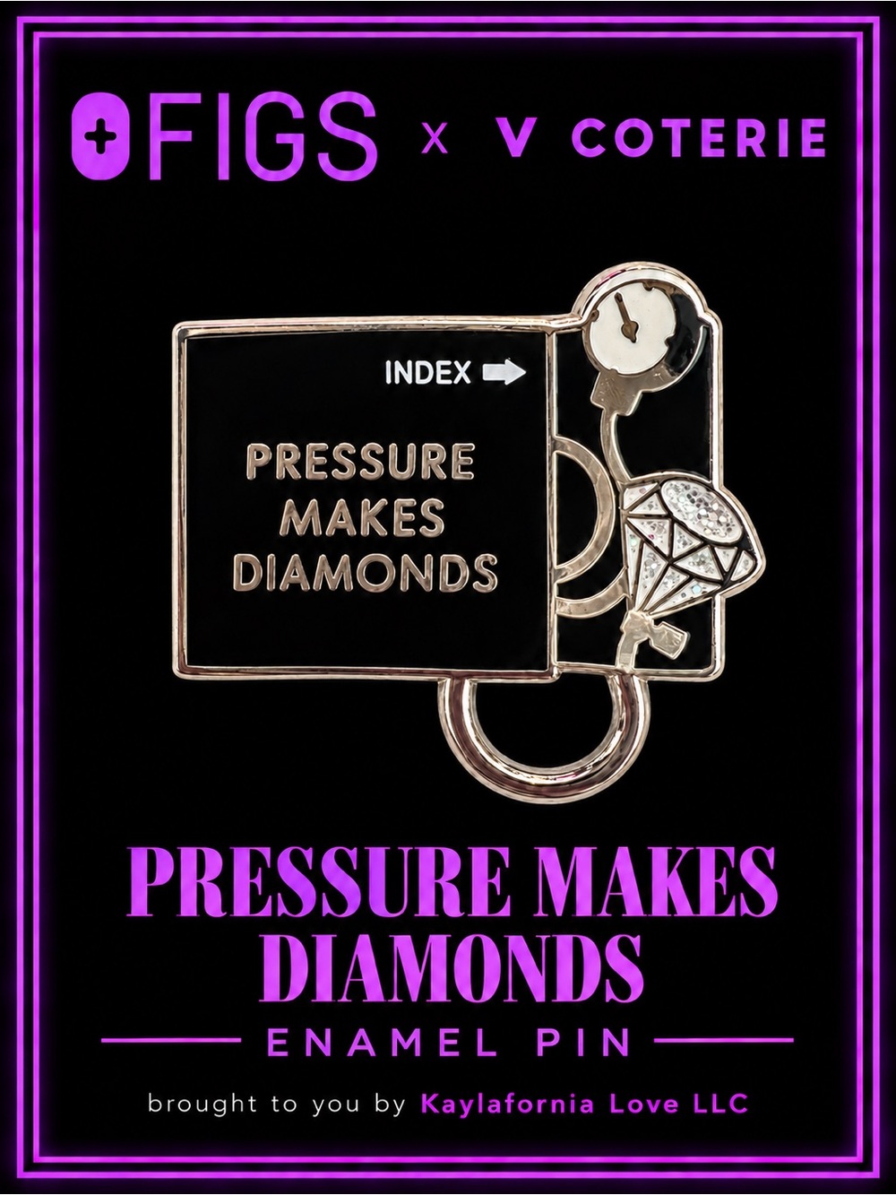 NWT FIGS x V Coterie Pressure Makes Diamonds Enamel Pin Black Silver BP Cuff